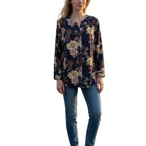 D&Co Denim Company Navy Floral Print Button Down Shirt Women's Medium